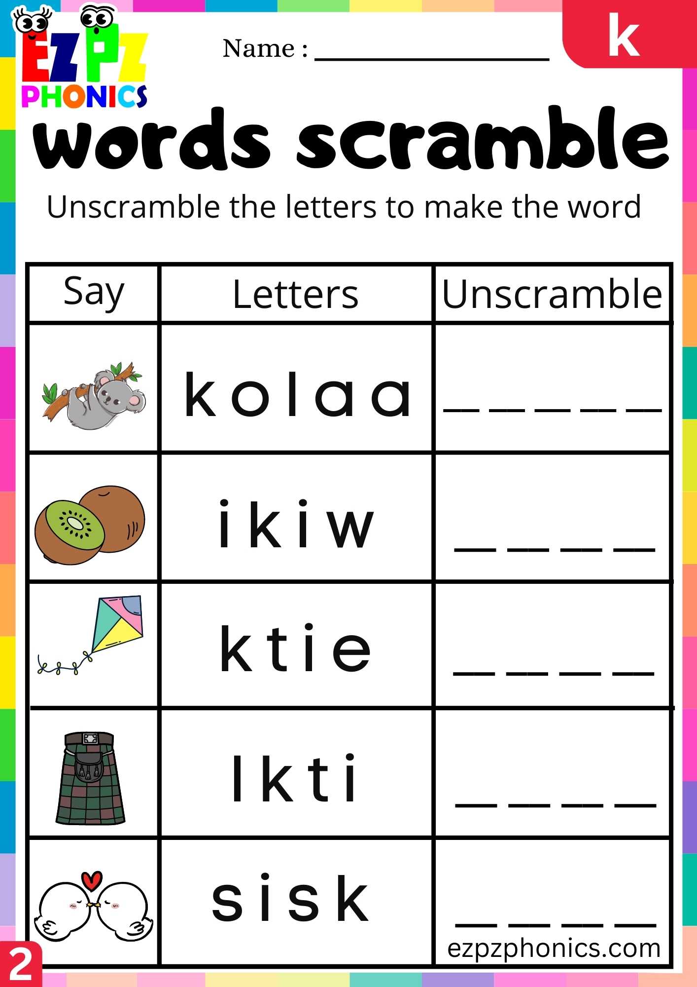 Group Letter K Words Scramble Beginning Sounds Worksheet Ezpzphonics